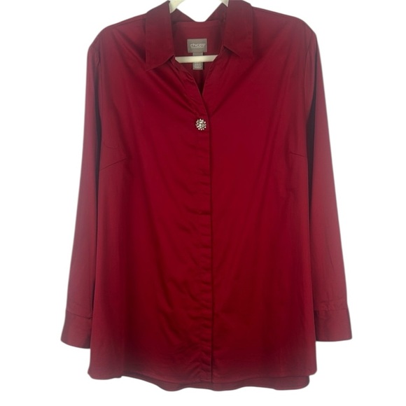 Chico's Red Cotton Notched Collar Button Down Roll-Up Sleeves Blouse Size 3 - Picture 1 of 14